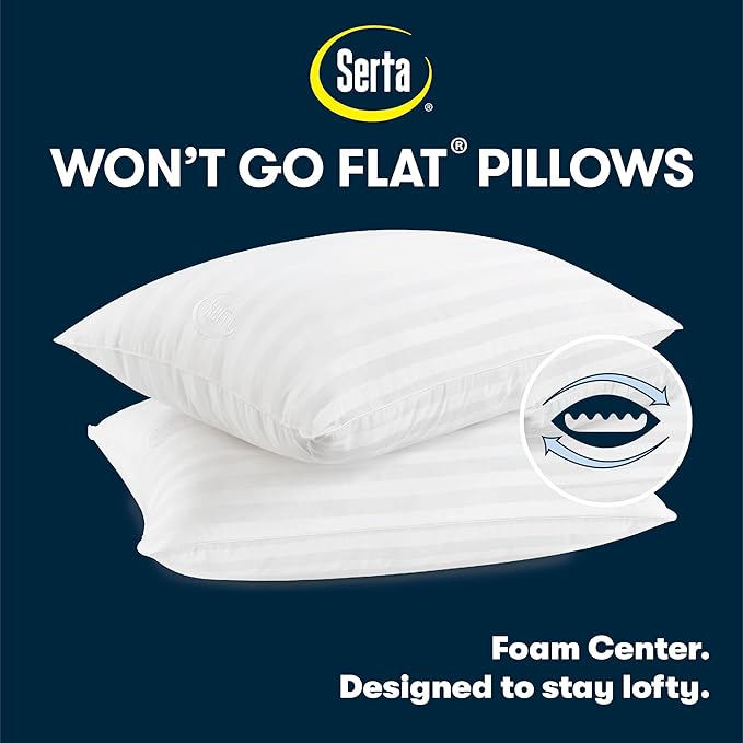 Serta Won't Go Flat King Size Set of 2 Down Alternative Bed Pillows, Extra Life Foam Core with Medium Support, Perfect for Back, Stomach or Side Sleepers, White