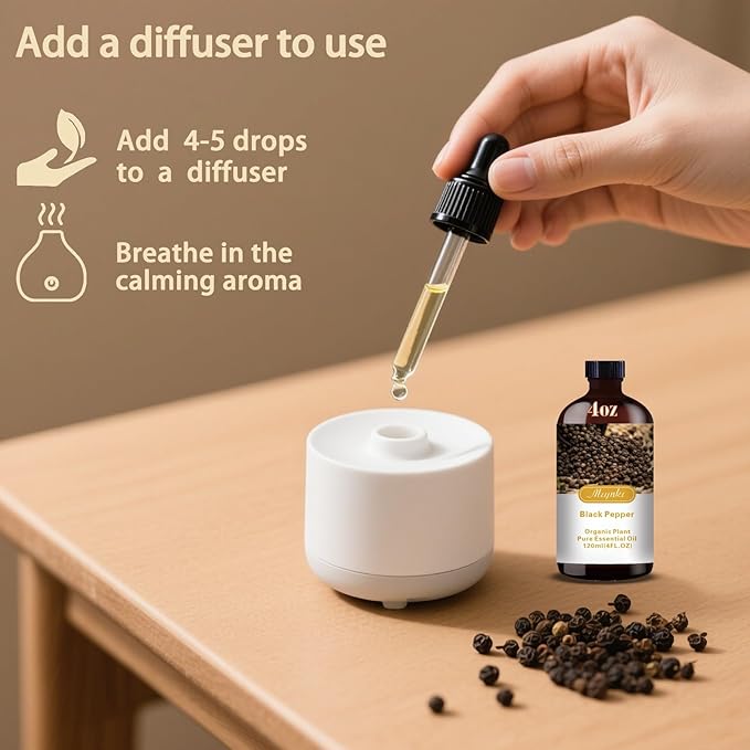 Black Pepper Essential Oil – MLYNKL Black Pepper Oils 4.33 fl oz for Diffusers, Humidifiers, Massage, DIY Candles, Soap, Cleaning, Home, Yoga, Office, Gifts - 130 ml