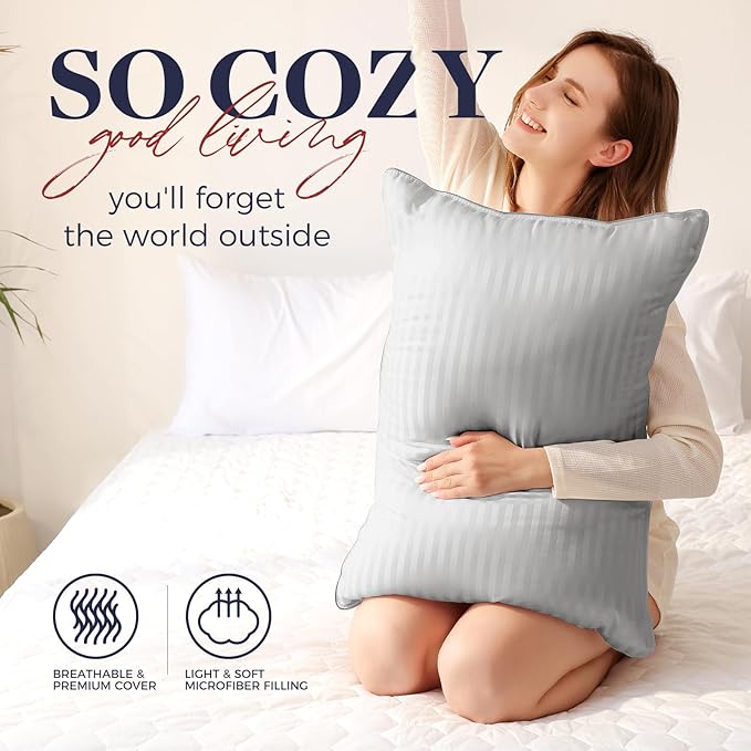 Basic Beyond King Size Pillows Set of 4 - Soft 20 x 36 Inches 4 Pack King Down Alternative Pillows for Back, Stomach or Side Sleepers, Silver