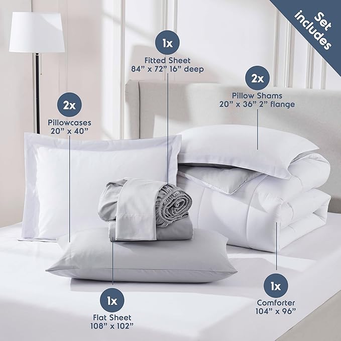Nestl 9 Piece California King Comforter Set – White Reversible Bed in a Bag – Complete Cal King Size Bedding Set with Sheets, Set of 2 Cooling Pillows, Pillowcases and Shams