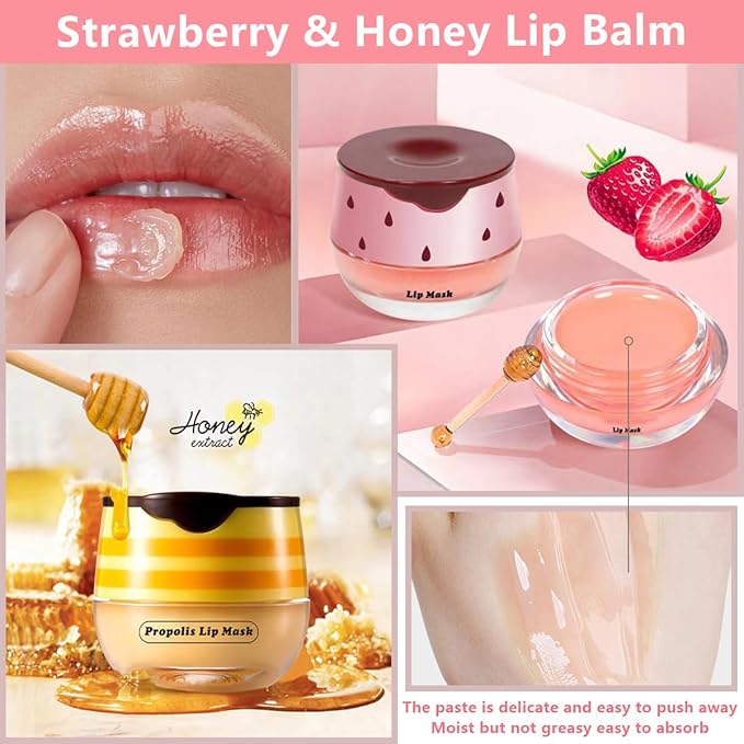 2 Pcs Strawberry & Honey Lip Balm, Vitamin E Apple Watermelon Moisturizing Lip Sleeping Mask, Hydrate Repair Prevent Dry Cracked Exfoliator Lip Care (Strawberry - Honey)