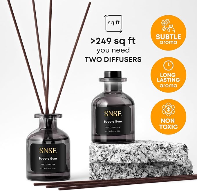 SNSE Bubble Gum Reed Diffuser Set | 3.38 oz Scent Fragrance Oil Diffuser for Bedroom, Bathroom, Home Décor and Gift, Decorative Air Fresheners with Sticks