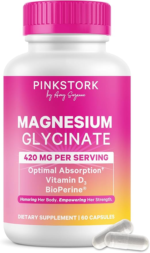 Pink Stork Magnesium Glycinate with Vitamin D - Magnesium Supplement for Women to Support Natural Calm, Mood, and Sleep - Hormone Balance for Women - 60 Capsules, 1 Month Supply