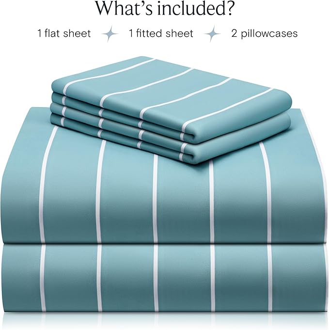 LuxClub 4 PC King Size Sheet Set, Breathable Luxury Bed Sheets, Deep Pockets 18" Wrinkle Free Cooling Machine Washable Hotel Bedding (Striped Light Blue)