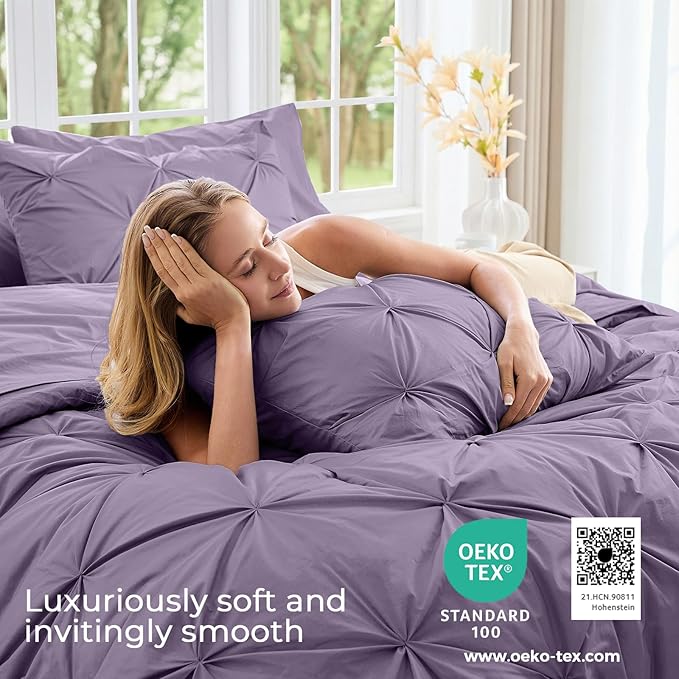 Sasttie Queen Comforter Set, 7-Piece Bed in a Bag, Pintuck Bedding Sets for All Season, Includes Comforter, Flat Sheet, Fitted Sheet, Pillowcases and Pillowshams, New Purple