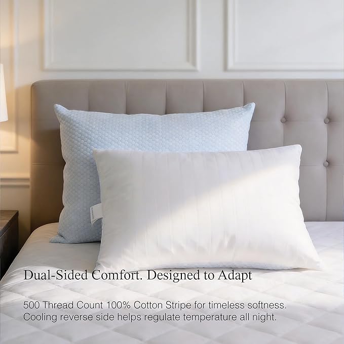 Blue Ridge Home Fashions Luxury Hotel Quality Cooling Pillows King Size Set of 2, Soft Medium 500 Thread Count Damask Stripe Embroidered 100% Cotton Cover, Down Alternative