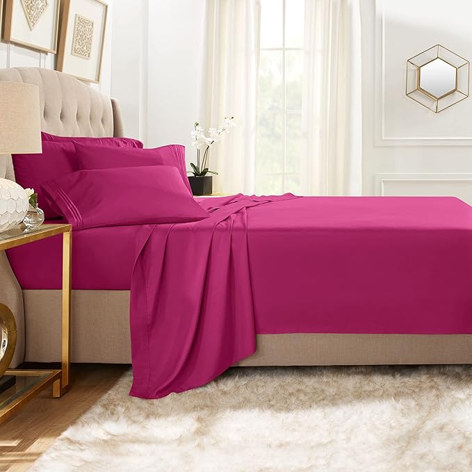 Clara Clark King Sheets, 6 Piece Set - Hotel Luxury Sheets for King Size Bed, Super Soft Bedding Set, King Size, Magenta