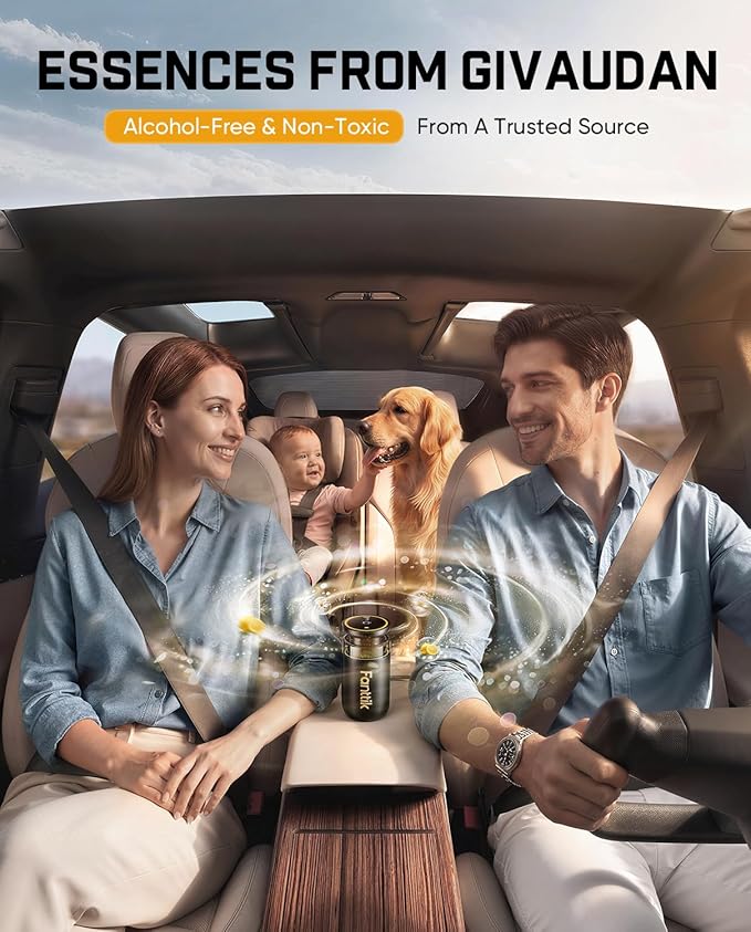 Fanttik N10 Smart Car Air Freshener, Waterless Essential Oil Diffuser with 3 Adjustable Levels and Ambient Light, Auto On/Off, 2550mAh USB-C Battery, Citrus/Woody Scents, Easy Swap Design