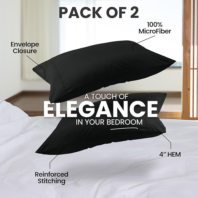 Utopia Bedding Queen Pillow Cases - 2 Pack - Envelope Closure - Soft Brushed Microfiber Fabric - Shrinkage and Fade Resistant Pillow Covers Queen Size 20 X 30 Inches (Queen, Black)