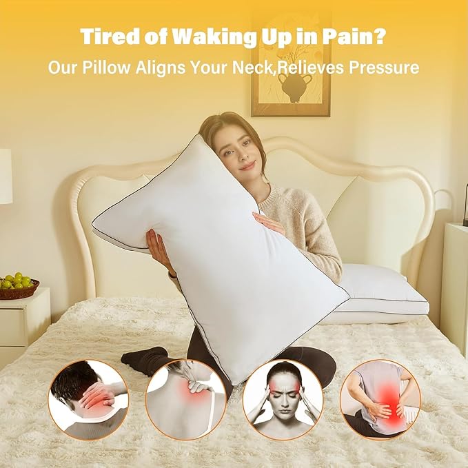 Goose Down Pillows for Neck Pain - Perfect Balance of Softness and Support,Relief for Side and Back Sleepers, Hotel Down Pillows Standard Size Set of 2