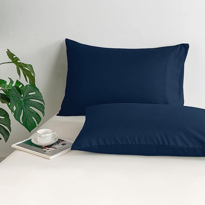 Mocassi 2-Piece Premium Standard/Queen Pillowcase Set 1800 Series Hotel Quality Microfiber - Soft and Breathable with 3-Line Embroidery Wrinkle and Stain Resistant, Easy Care, 20" x 30", Navy Blue