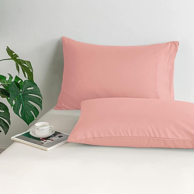 Mocassi 2-Piece Premium Standard/Queen Pillowcase Set 1800 Series Hotel Quality Microfiber - Soft and Breathable with 3-Line Embroidery Wrinkle and Stain Resistant, Easy Care, 20" x 30", Peach Pink