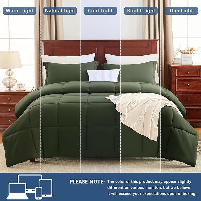 CozyLux Oversized King Comforter Set, 3 Pieces Olive Green 120x98 Box Stitched Design Soft Bedding Set, All Season Lightweight Breathable Bed Set with 1 Down Alternative Comforter and 2 Pillow Shams