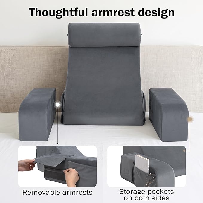 ENITYA Back Pillow for Bed Sitting Up,Reading Pillow with Armrests & Big Pockets for Adults,Upright Pillow for Resting,Watching TV,Nursing,Recovery,Gaming,Grey