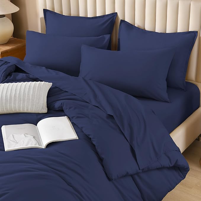 Litanika California King Comforter Set Navy Blue - 7 Pieces Bed in a Bag Cal King Bedding Comforter Sets, Plain Lightweight Bed Set with Comforter, Sheets, Pillowcases & Shams