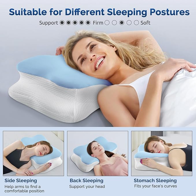 Cervical Neck Pillow, Ergonomic Side Sleeper Pillow for Neck Support, Cooling Memory Foam Pillows for Sleeping, Contour Orthopedic Bed Pillows for Side Back Stomach Sleepers (Sky Blue)