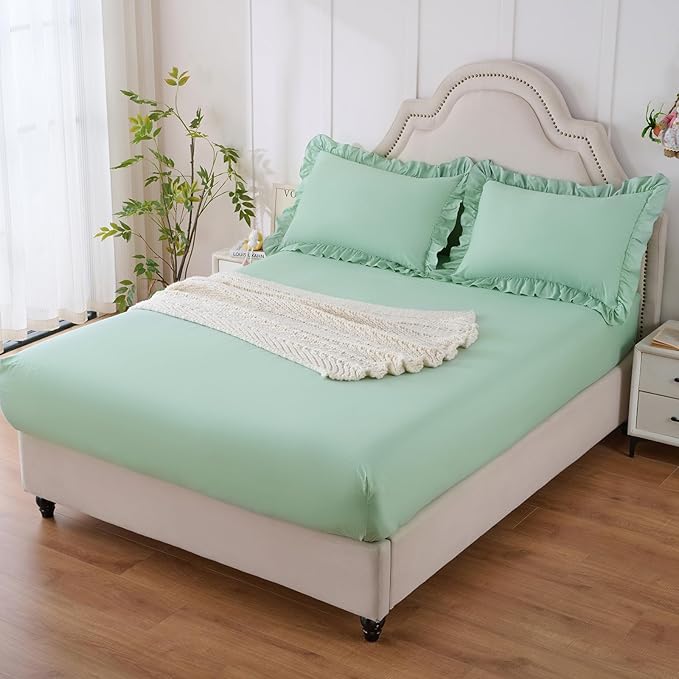 Homiest 3-Pieces Ruffle Pillow Case & Fitted Sheet Set, Sage Green Queen Sheets with 2 Ruffled Pillow Shams, 15 Inch Deep Pocket, Cute & Coquette Microfiber Bed Set for Decorating Bedroom Hotel