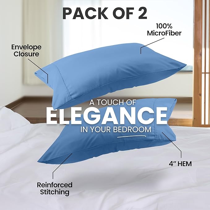 Utopia Bedding Pillow Cases Standard Size 2-Pack – Soft Brushed Microfiber – Envelope Closure – Perfect for Hospitals, Hotels, Guest Rooms – Oeko-TEX Certified, 20x26 Inches (Dutch Blue)