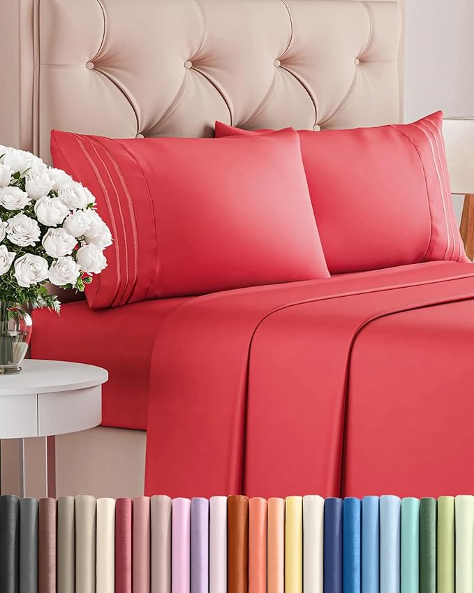 King Size 4 Piece Sheet Set - Comfy Breathable & Cooling Sheets - Hotel Luxury Bed Sheets for Women & Men - Deep Pockets, Easy-Fit, Extra Soft & Wrinkle Free Sheets - Red Oeko-Tex Bed Sheet Set