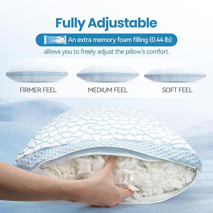 QUTOOL Double Sided Cooling Pillow for Hot Sleepers, Shredded Memory Foam Pillows Standard Size Set of 2, Adjustable Soft & Firm Gel Bed Pillow for Side, Back, Stomach Sleepers
