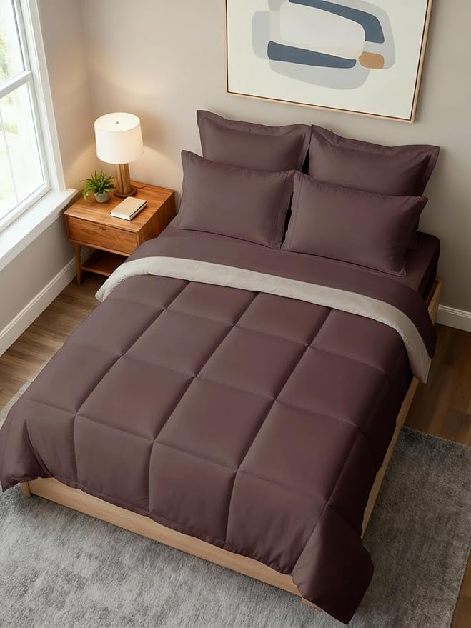 Full Comforter Set - 7 Piece Bed in a Bag Full Size Bed Set - Down Alternative Comforter, Flat Sheet, Fitted Sheet, Pillowcase & Shams for All Seasons - Ultra Soft, Comfy and Breathable - Brown/Beige