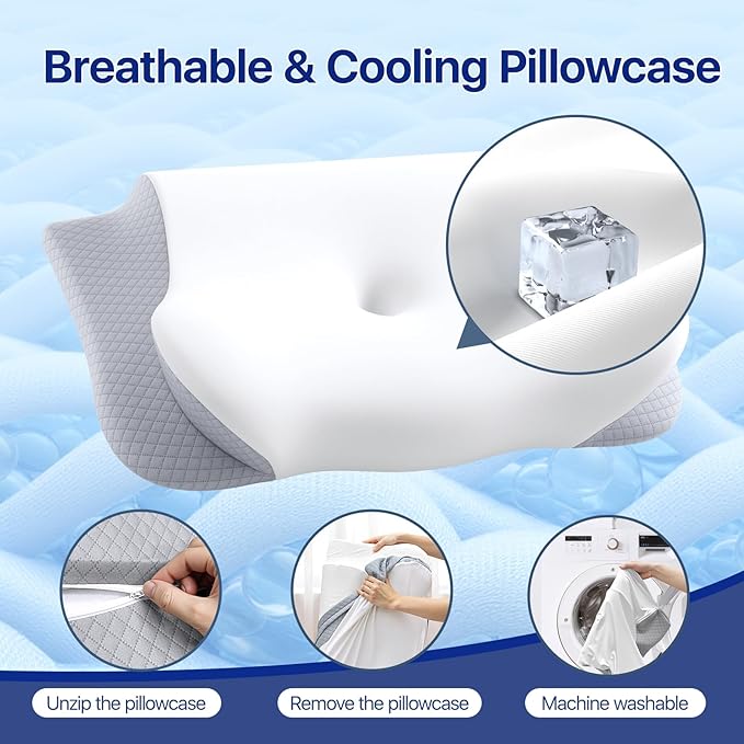 Memory Foam Neck Pillow - Ergonomic Contour Cervical Neck Pillow for Side Back Stomach Sleepers, 2-in-1 Orthopedic Neck Support Pillow with Cooling Pillowcase