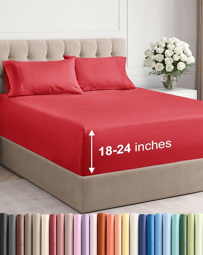 Extra Deep King Sheet Set - 4 Piece Breathable & Cooling Bed Sheets - Easily Fits 18 to 24 inch Mattress - Ultra Soft, Wrinkle & Fade Free with Extra Deep Pockets - Comfy Hotel Luxury Bedding - Red