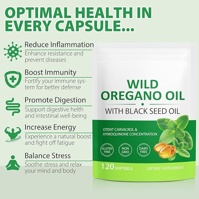 Oil of Oregano Softgels 6000mg, 120 Count | 2 in 1 Formulated with Black Seed Oil 200mg, Oregano Oil Capsules, High Carvacrol & Thymoquinone for Immune Support | Non-GMO, Gluten-Free