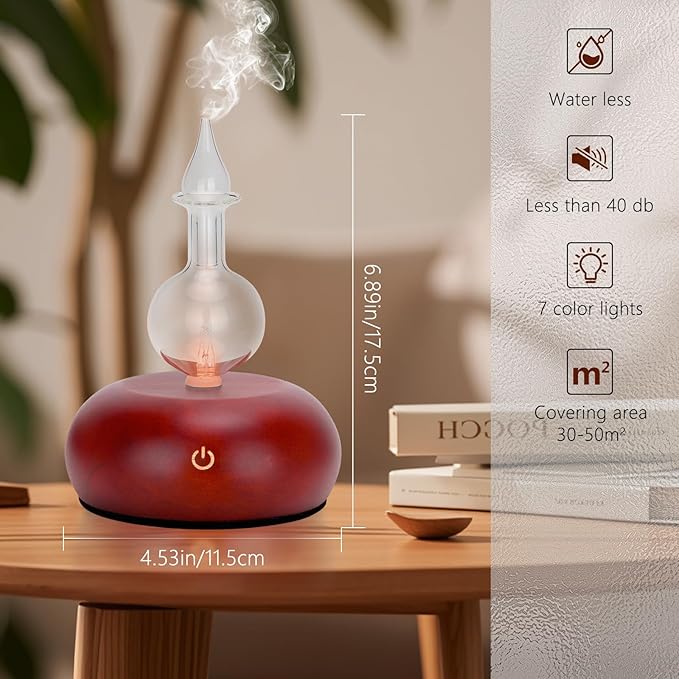 Vintage Pure Essential Oil Diffuser for Aromatherapy - 7-Color LED, Adjustable Mist, No Heat or Water Required, Ideal for Home, Bedroom, and Professional Use (Dark Wooden)