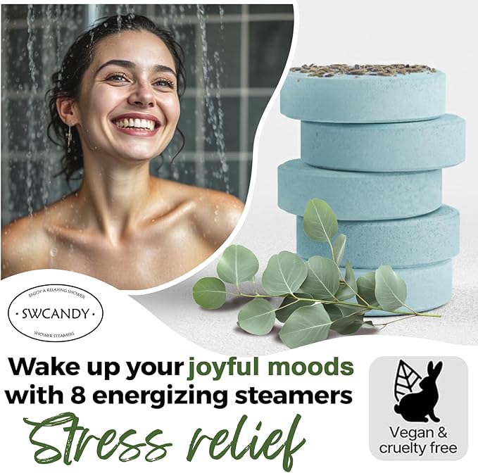 SWCANDY Shower Steamers Aromatherapy Birthday Gifts for Women Travel Essentials, 8 Pcs Eucalyptus, Bath Bombs Shower Bombs with Natural Essential Oils, Relaxation Home SPA