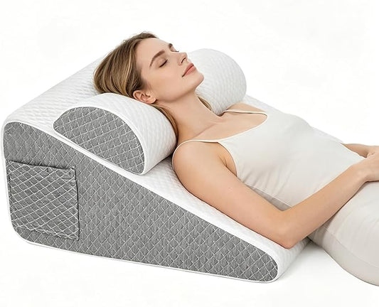 2PCS Wedge Pillow Set for After Surgery, Adjustable Bed Wedge Pillow Headboard with Memory Foam Neck Cushion – for Ac