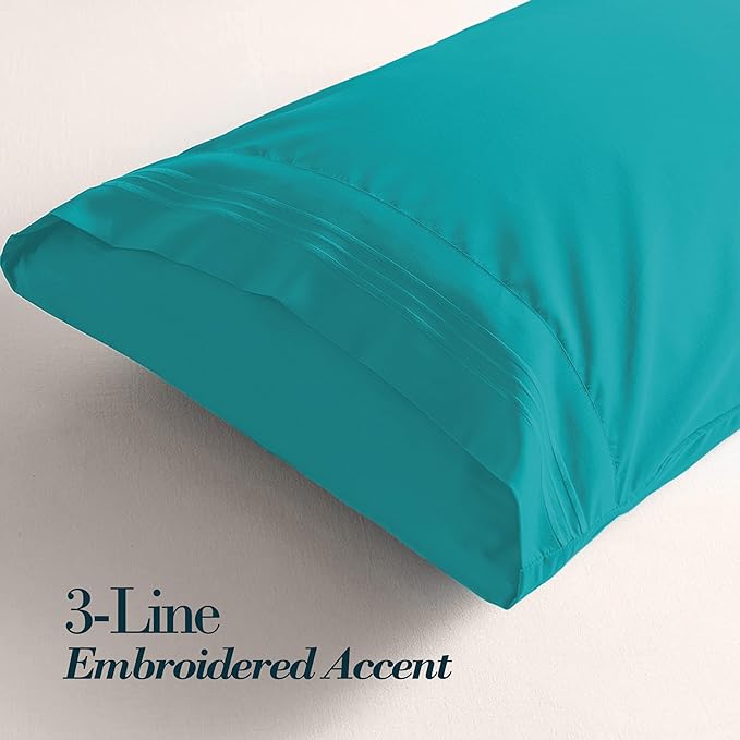 Mocassi 2-Piece Premium King Pillowcase Set 1800 Series Hotel Quality Microfiber - Soft and Breathable with 3-Line Embroidery Wrinkle and Stain Resistant, Easy Care, 20" x 40", Teal