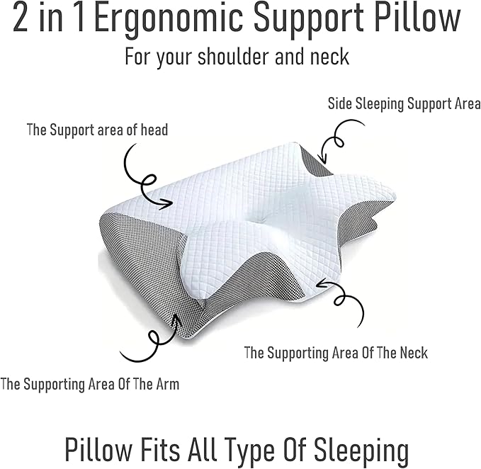 Cervical Neck Pillow for Sleeping, Contoured Ergonomic Memory Foam Cervical Pillow for Side, Back & Stomach Sleepers, Cervical Pillow with Washable Breathable Cover (Grey, 24.5 x 15 x 4.72 inches)