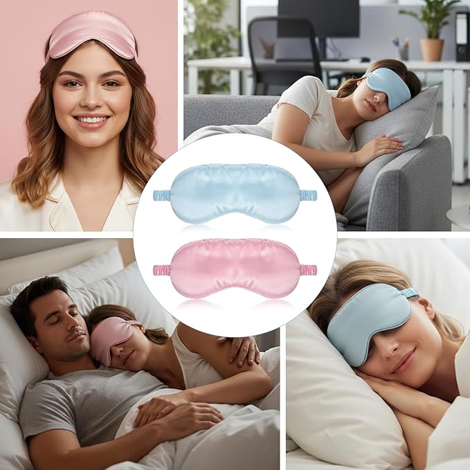 Nogeqi 2 Pack Silk Sleep Masks for Women, Blackout Soft Eye Masks for Sleep with Elastic Strap, Satin Eye Covers for Sleeping Blindfold for Travel Night Eyeshade, Zero Pressure (Pink, Blue)