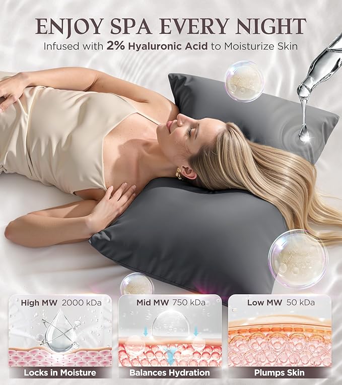 Instant Chill Cooling Pillowcase for Hot Sleepers, 2% HA Infused Pillowcase Hydrates Skin & Hair, Reduces Wrinkles & Frizz, Softer Than Silk Pillow Cases, Pillow Covers Queen (Dark Gray, 1 Pack)