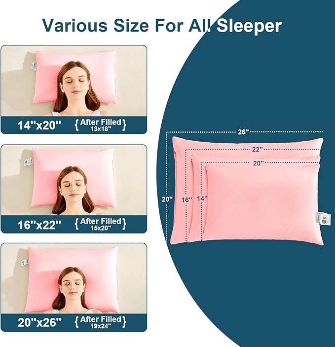 MIOTO Organic Buckwheat Pillow for Sleeping with Dual-Layer Pillowcase and Extra Tartary Buckwheat Hulls, Adjust Height and Firmness, Neck Support Pillow for Back and Side Sleepers 14"x20", Pink