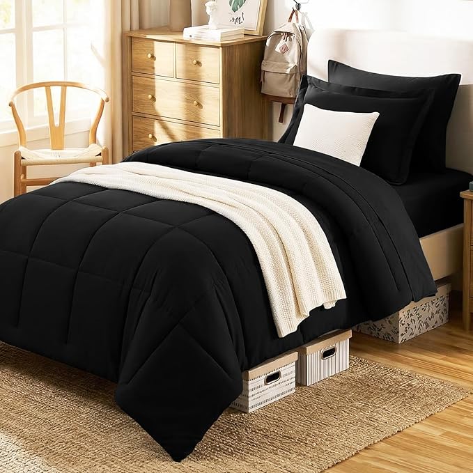 CozyLux Twin XL Comforter Set Black - 5 Pieces Twin XL Bed in a Bag Set, Soft Bedding Sets Bed Set Extra Long for All Season with Comforter, Flat Sheets, Fitted Sheet, Pillowcase &Pillow Sham