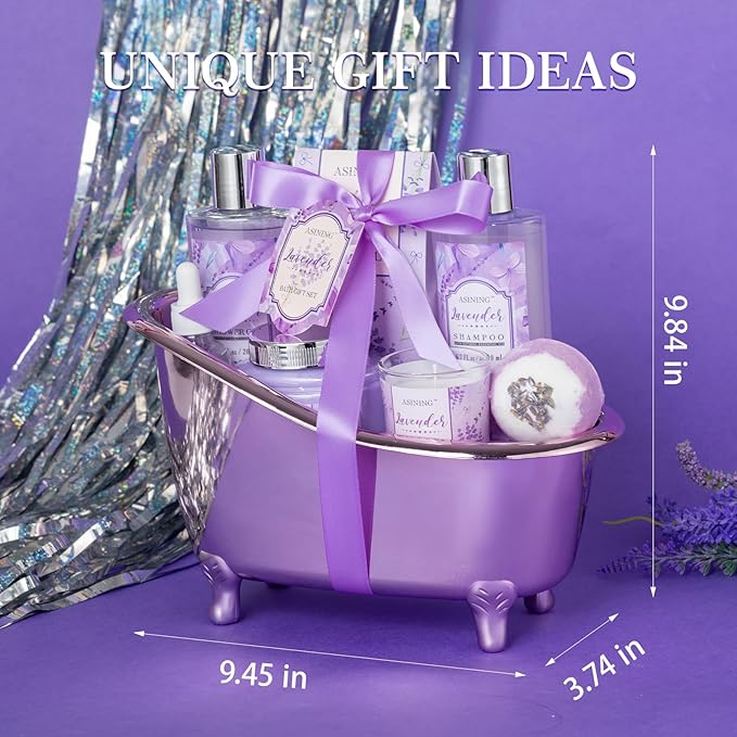 Spa Gift Basket for Women, Luxury Home Spa Kit, 8pcs Lavender Bath Gift Set, Gift Baskets for Women Unique with Bath Bombs, Sea Salt, Scented Lotions Birthday, Mother Day, Bridal Shower gifts