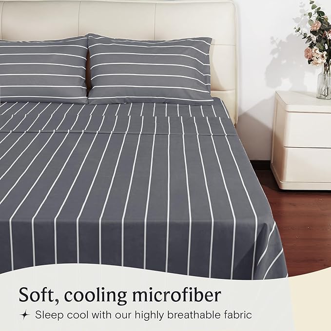 LuxClub Striped Sheets, 3 PC Striped Bed Sheets Twin Size for-Boys-and-Girls-Deep Pockets 18" Eco Friendly Wrinkle Free-Kids-Fitted Sheets Machine Washable Hotel Bedding (Twin, Light Grey)