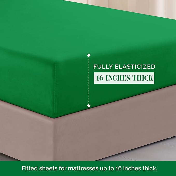 Elegant Comfort Luxurious 1500 Premium Hotel Quality Microfiber Three Line Embroidered Softest 4-Piece Bed Sheet Set, Wrinkle and Fade Resistant, Queen, Emerald Green