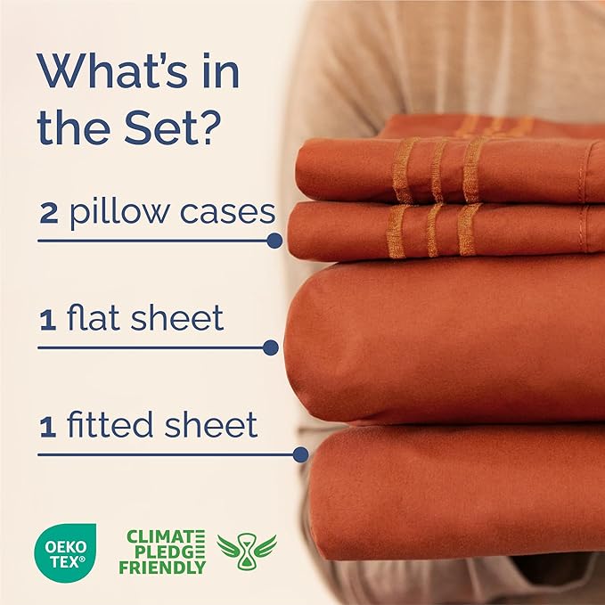 King Size 4 Piece Sheet Set - Comfy Breathable & Cooling Sheets - Hotel Luxury Bed Sheets for Women and Men - Deep Pockets, Easy-Fit, Soft and Wrinkle Free Sheets - Terracotta Oeko-Tex Bed Sheet Set