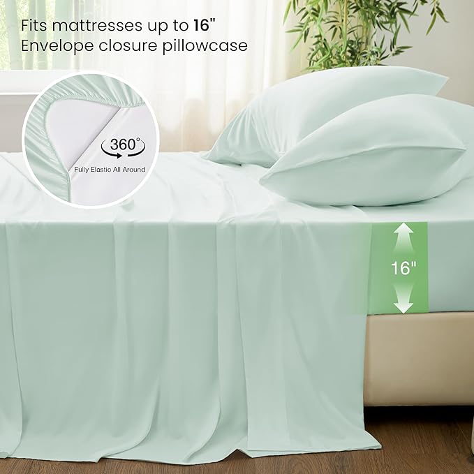 Love's cabin 4 Piece Full Size Sheet Set, 100% Rayon Derived from Bamboo, Cooling & Breathable, Soft Silky Deep Pocket up to 16", Hotel Luxury Bedding for Hot Sleepers, Sea Glass