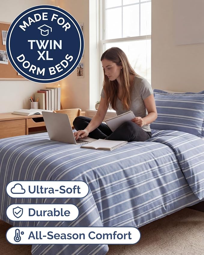 Duvet Cover Twin/Twin XL Size Set - Extra Soft Twin/Twin XL Duvet Cover 68" x 90" with 1 Pillow Sham - Hotel Luxury, Easy Care, Fade Free w/ Zipper Closures & Ties - Comfy & Breathable (Blue Stripes)