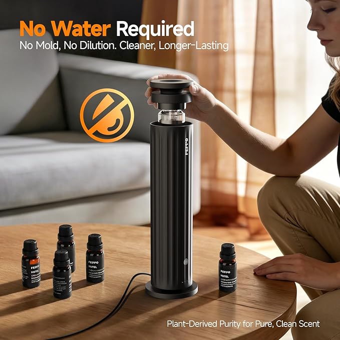 FEPPO Waterless Diffuser, Essential Oil Diffuser for Home Hotel Office – Cold Air Aroma Diffuser Starter Kit with 5×20mL Hotel Scent Oils, 6 Scent Levels, Quiet Aromatherapy Diffuser, 1000+ Sq Ft