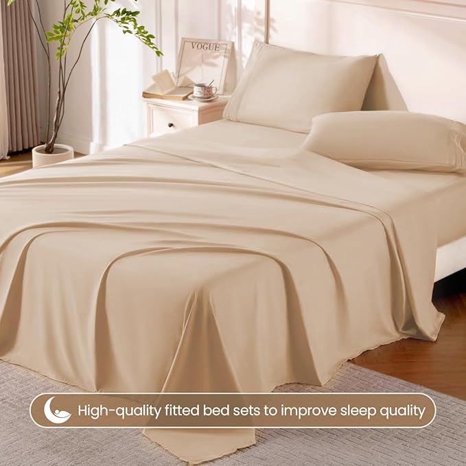 ROSE&RISY Khaki Twin Sheet Set, 3 Pieces Soft Bedding Twin Sheet Set, Breathable and Cooling,Includes Fitted, Flat, Pillow Cases - Deep Pocket (Khaki, Twin)