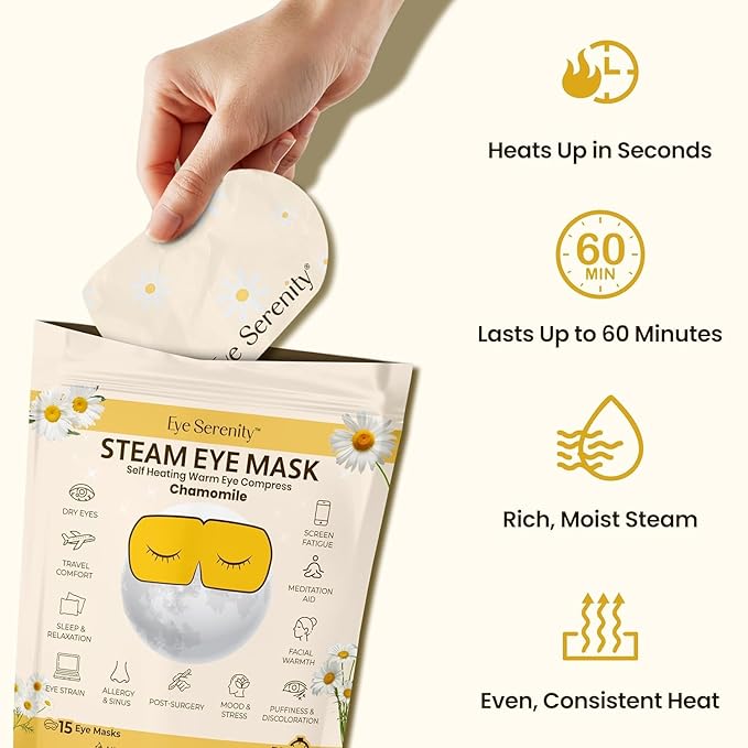 Lure Essentials Steam Eye Mask, Heated Eye Mask, Self Heating Warm Compress for Dry Eyes, Fast Relief for Stye, Puffy Sensitive Eyes, Moist Heat, Relaxation Gifts for Women and Men - Chamomile