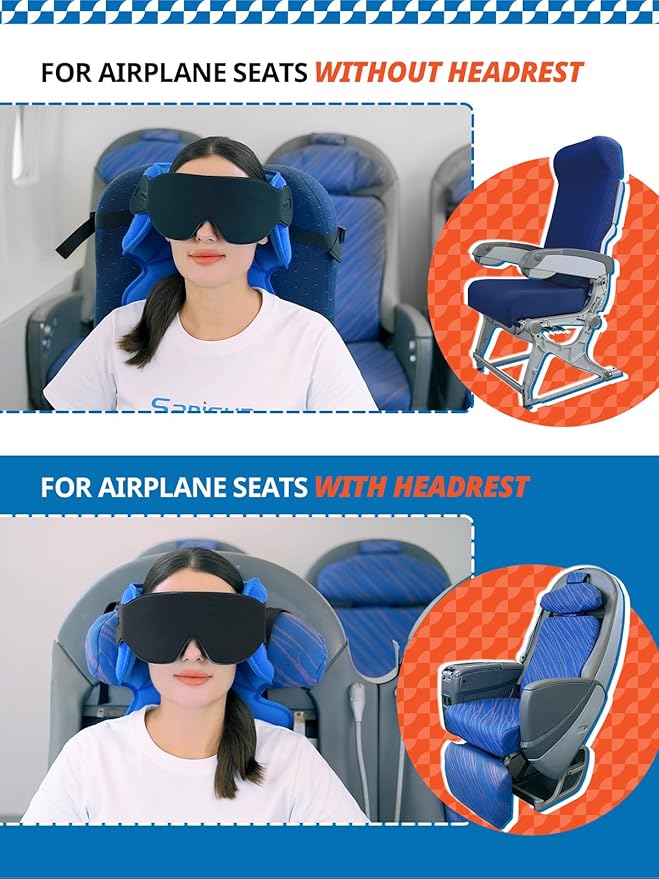 SARISUN Travel Pillows for Airplanes, Airplane Pillow with Sleep Eye Mask, 360° Support Headrest, Travel Essentials, Adjustable Airplane Head Strap for with/Out Headrest Seat, Mottled Blue