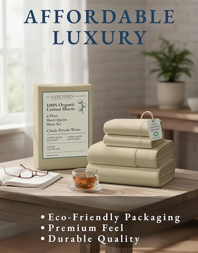 LANE LINEN RV Queen Sheets Set - 100% Organic Cotton Camper Sheet Sets 15" Deep Pocket Fitted (Short Linen)