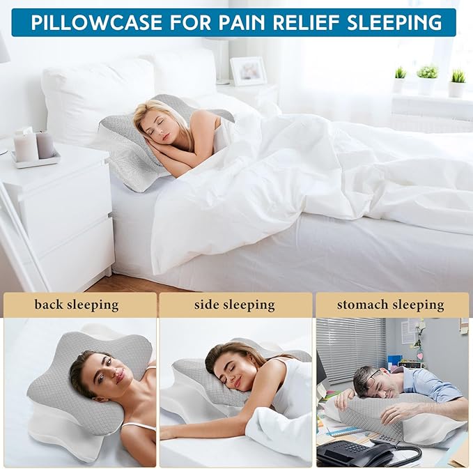 HunnmingRe Cervical Pillow Case Cover Comfortable and Breathable Memory Foam Cervical Neck Pillow Case Cover with Zipper(White, Light Gray,Queen Size)
