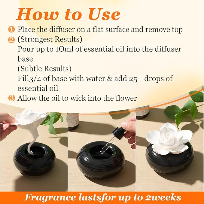 Honeydak 3 Pcs Reedless Ceramic Diffuser Set, Porcelain White Flower Aromatherapy Essential Oil Diffuser for Home Office Bathroom Tabletop Decor, Non-Electric, Valentines Day Gift (Camellia)